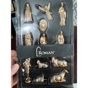 Roman Miniature Nativity Set Gold Tone Glitter NIB Holidays Christmas